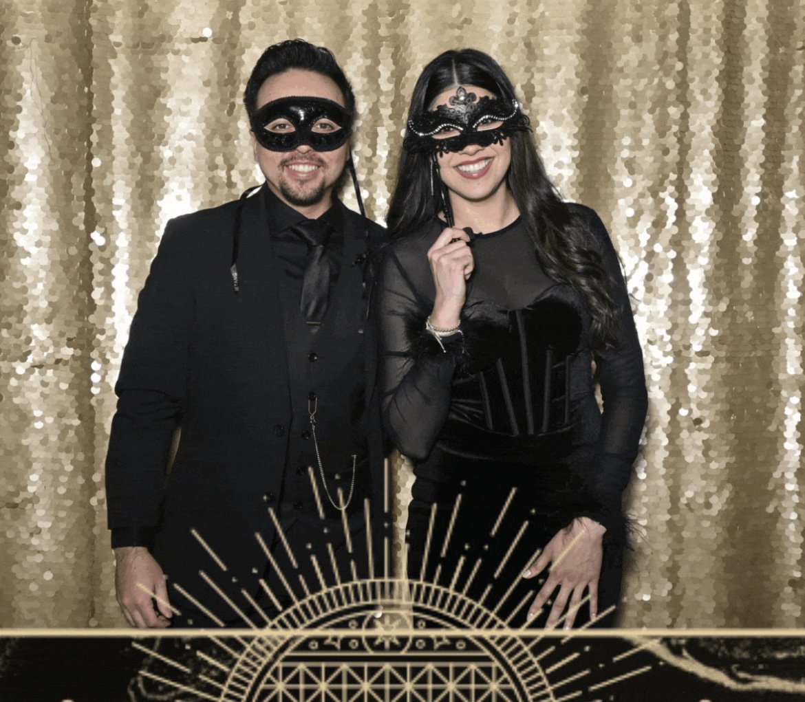 Guadalupe and Harrison in masquerade masks at a 2025 gala