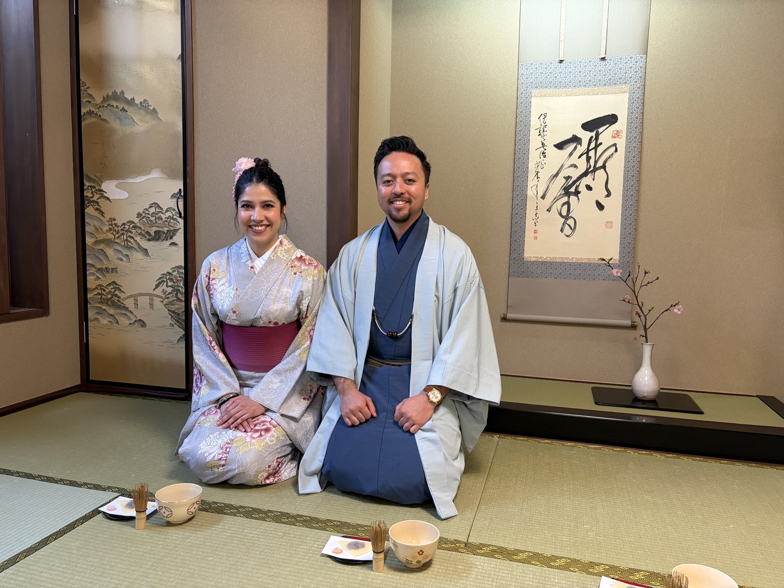 Guadalupe and Harrison in kimono at a matcha tea ceremony in Japan